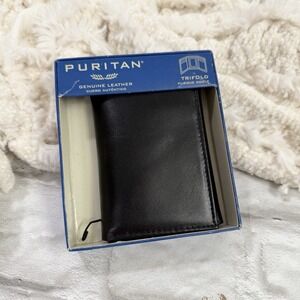 Vintage Y2K Puritan Men's Genuine Leather Trifold Wallet Small Black Leather NEW